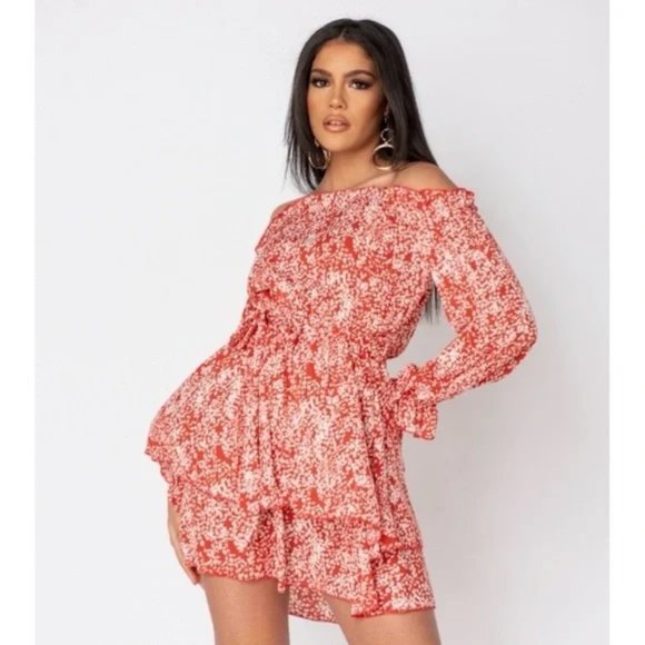 Red Floral Print Long Sleeve Off Shoulder Tiered Mini Dress - Picture 8 of 12